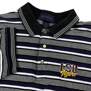 Antigua LSU Tigers Polo Shirt Mens Medium Purple Black White Striped NCAA Cotton